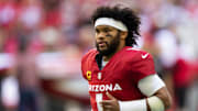 Jan 5, 2025; Glendale, Arizona, USA; Arizona Cardinals quarterback Kyler Murray (1) against the San Francisco 49ers at State Farm Stadium. Mandatory Credit: Mark J. Rebilas-Imagn Images