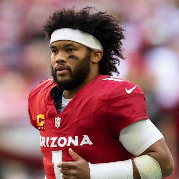 Jan 5, 2025; Glendale, Arizona, USA; Arizona Cardinals quarterback Kyler Murray (1) against the San Francisco 49ers at State Farm Stadium. Mandatory Credit: Mark J. Rebilas-Imagn Images