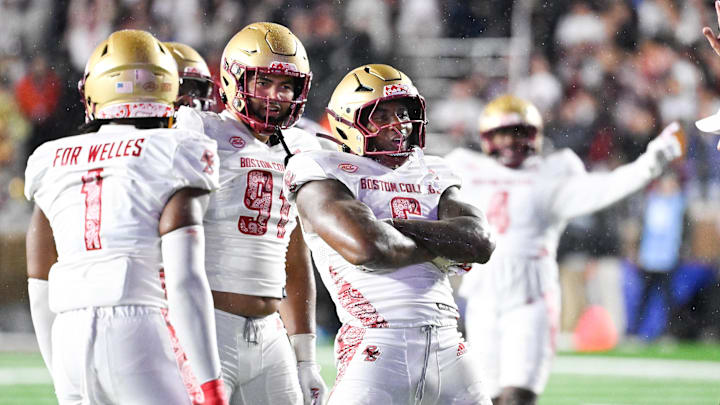 Boston College Eagles defensive end Donovan Ezeiruaku reacts to his sack against the Michigan State Spartans. Boston College Eagles defensive end Donovan Ezeiruaku reacts to his sack against the Michigan State Spartans.