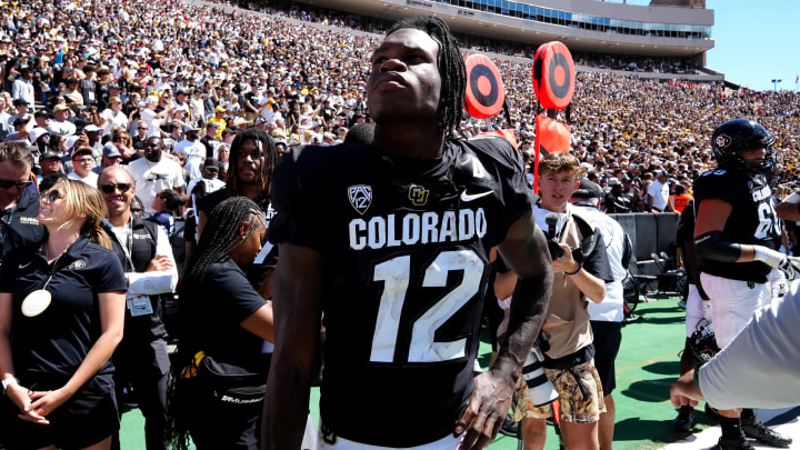 Sep 9, 2023; Boulder, Colorado, USA; Colorado Buffaloes cornerback Travis Hunter (12) following the