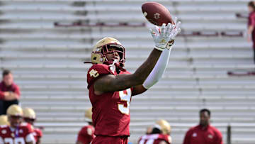 Sep 28, 2024; Chestnut Hill, Massachusetts, USA; Boston College Eagles wide receiver Jerand Bradley (9) warms up before a game against the Western Kentucky Hilltoppers at Alumni Stadium. Mandatory Credit: Eric Canha-Imagn Images