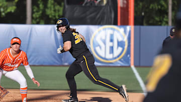 May 9, 2024; Auburn, AL, USA;  Missouri Tigers first baseman Abby Hay (36) takes a lead off the bag against the Florida Gators during the SEC Softball Championship game at Jane B. Moore Field. Mandatory Credit: John Reed-Imagn Images