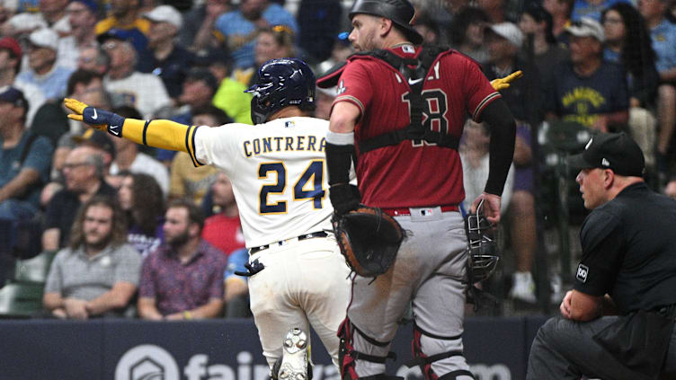 Jun 20, 2023; Milwaukee, Wisconsin, USA; Milwaukee Brewers catcher William Contreras (24) scores a