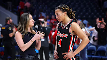 Houston Cougars guard Kingston Flemings is interviewed after their victory against the Auburn Tigers at Legacy Arena at BJCC.