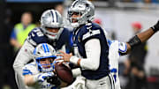 Dallas Cowboys quarterback Dak Prescott is pressured by Detroit Lions DEs Al-Quadin Muhammad and Aidan Hutchinson.