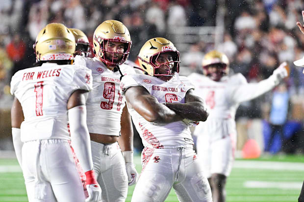 Boston College Eagles defensive end Donovan Ezeiruaku reacts to his sack against the Michigan State Spartans. 