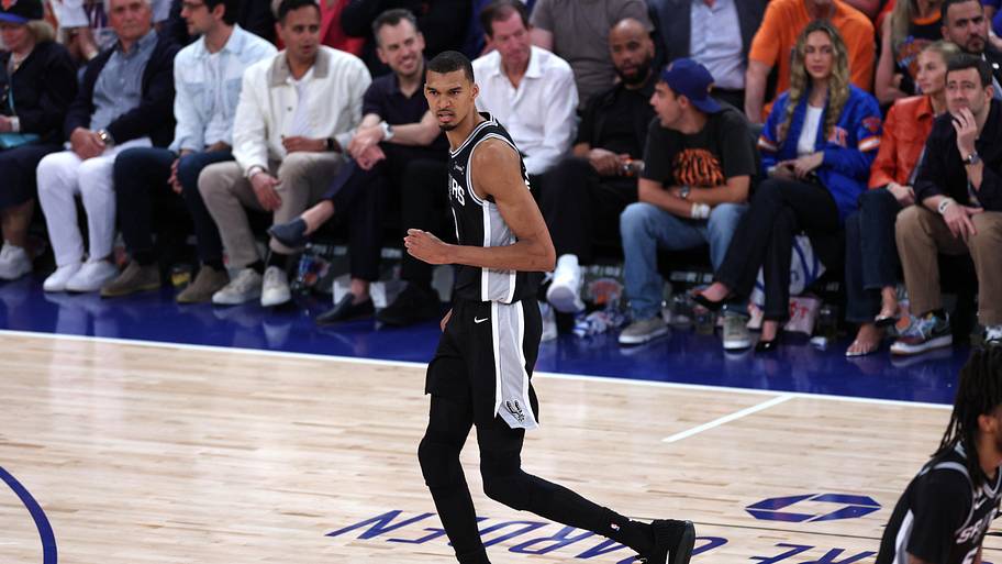 San Antonio Spurs forward Victor Wembanyama reacts in the third quarter against the New York Knicks in the NBA Finals.