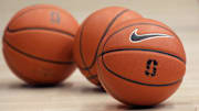 Jan 11, 2022; Stanford, California, USA; Basketballs with the Stanford Cardinal logo sit on the court before the game between the Stanford Cardinal and the USC Trojans at Maples Pavilion. Mandatory Credit: Darren Yamashita-Imagn Images