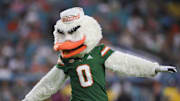 Sep 14, 2023; Miami Gardens, Florida, USA; Miami Hurricanes mascot Sebastian the Ibis reacts from the field prior to the start of the second quarter against the Bethune Cookman Wildcats at Hard Rock Stadium. Mandatory Credit: Sam Navarro-Imagn Images