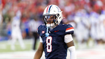 Nov 8, 2025; Tucson, Arizona, USA; Arizona Wildcats defensive back Jay'Vion Cole (8) against the Kansas Jayhawks at Arizona Stadium. Mandatory Credit: Mark J. Rebilas-Imagn Images