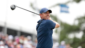 Jun 13, 2025; Oakmont, Pennsylvania, USA; Rory McIlroy plays his shot from the third tee during the second round of the U.S. Open golf tournament.