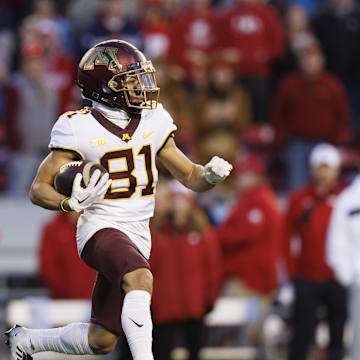 Nov 26, 2022; Madison, Wisconsin, USA;  Minnesota Golden Gophers wide receiver Quentin Redding (81) during the game against the Wisconsin Badgers at Camp Randall Stadium. Mandatory Credit: Jeff Hanisch-Imagn Images