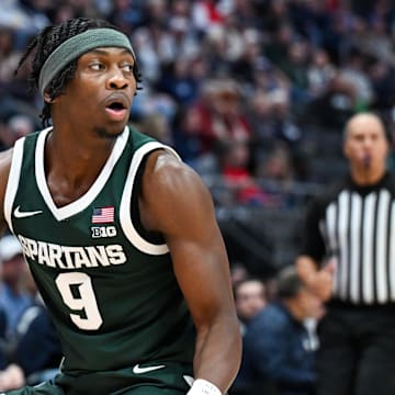 Oct 28, 2025; Hartford, CT, USA; Michigan State Spartans guard Trey Fort (9) runs with the ball during the first half against the Connecticut Huskies at PeoplesBank Arena. Mandatory Credit: Mark Smith-Imagn Images