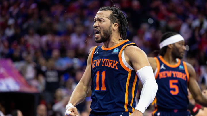 Apr 28, 2024; Philadelphia, Pennsylvania, USA; New York Knicks guard Jalen Brunson (11) reacts after scoring against the Philadelphia 76ers during the third quarter of game four of the first round in the 2024 NBA playoffs at Wells Fargo Center. Mandatory Credit: Bill Streicher-USA TODAY Sports