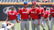 Jul 12, 2025; Atlanta, GA, USA;  American League catcher Carter Jensen (17) of the Kansas City Royals  and American League pitcher Frank Mozzicato of the Northwest Arkansas Naturals pose for a photo before the game at Truist Park. Mandatory Credit: Brett Davis-Imagn Images