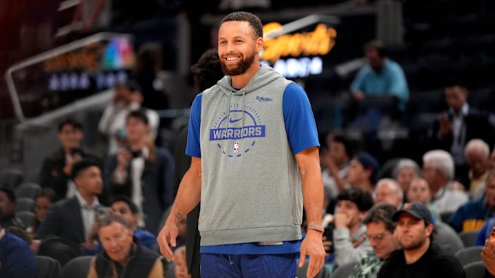 Apr 1, 2026; San Francisco, California, USA; Golden State Warriors guard Stephen Curry (30) stands on the court before the start of the game against the San Antonio Spurs at the Chase Center. Mandatory Credit: Cary Edmondson-Imagn Images