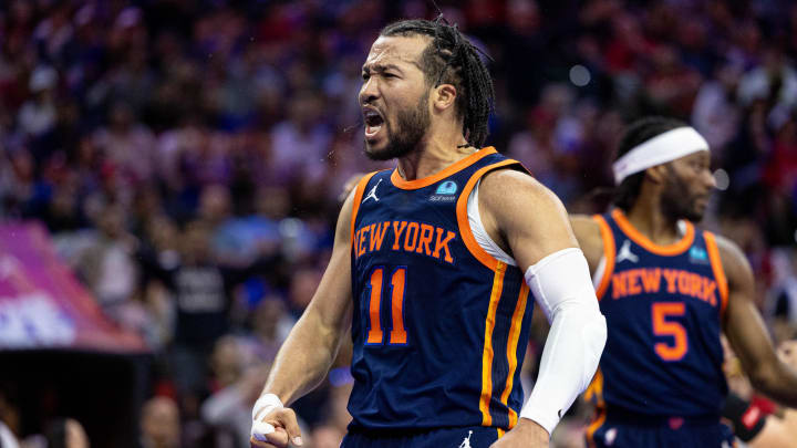 Apr 28, 2024; Philadelphia, Pennsylvania, USA; New York Knicks guard Jalen Brunson (11) reacts after scoring against the Philadelphia 76ers during the third quarter of game four of the first round in the 2024 NBA playoffs at Wells Fargo Center. Mandatory Credit: Bill Streicher-USA TODAY Sports