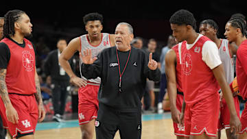 Houston Cougars head coach Kelvin Sampson directs players during a practice session for the Final Four of the 2025 NCAA tournament at Alamodome.