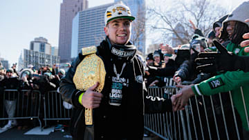 Feb 14, 2025; Philadelphia, PA, USA; Philadelphia Eagles cornerback Cooper DeJean (33) celebrates during the Super Bowl LIX championship parade and rally. Mandatory Credit: Caean Couto-Imagn Images