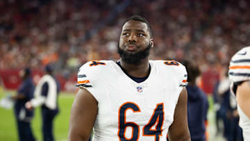 Nov 3, 2024; Glendale, Arizona, USA; Chicago Bears guard Nate Davis (64) against the Arizona Cardinals at State Farm Stadium. Mandatory Credit: Mark J. Rebilas-Imagn Images