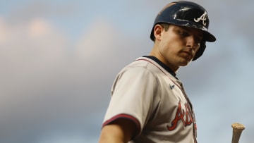 Jun 6, 2024; Washington, District of Columbia, USA; Atlanta Braves third baseman Austin Riley (27) stands in the on deck circle prior to an at bat against the Washington Nationals during the eighth inning at Nationals Park. Mandatory Credit: Geoff Burke-USA TODAY Sports