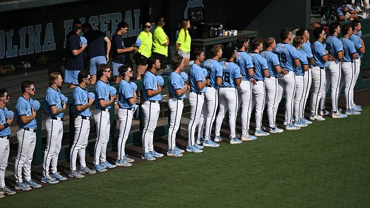May 30, 2026; Chapel Hill, NC, USA; The North Carolina Tar Heels line up for the national anthem during game 4 of the Chapel Hill Regional at Boshamer Stadium. Mandatory Credit: William Howard-Imagn Images