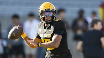 Oct 25, 2025; Tempe, Arizona, USA; Arizona State Sun Devils quarterback Cameron Dyer (13) against the Houston Cougars at Mountain America Stadium. Mandatory Credit: Mark J. Rebilas-Imagn Images