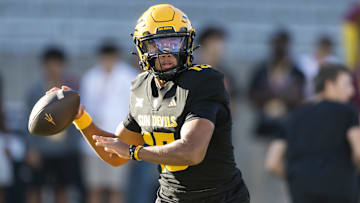 Oct 25, 2025; Tempe, Arizona, USA; Arizona State Sun Devils quarterback Cameron Dyer (13) against the Houston Cougars at Mountain America Stadium. Mandatory Credit: Mark J. Rebilas-Imagn Images