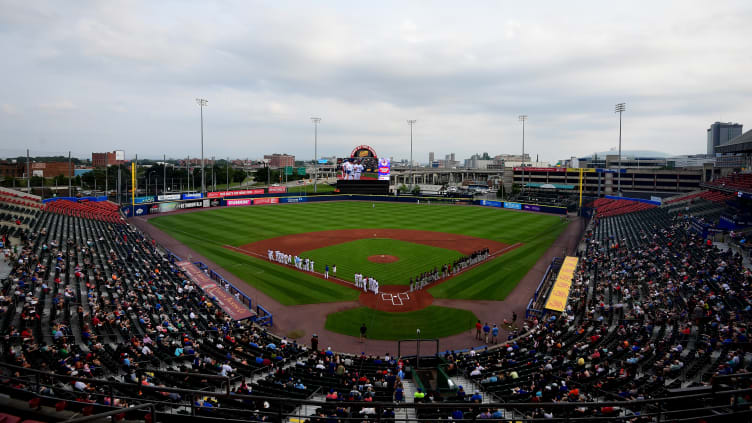 The Rochester Red Wings and Buffalo Bisons line up for the National Anthem prior to an International League game at Sahlen Field in Buffalo.