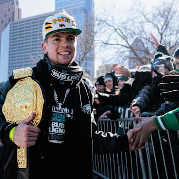 Feb 14, 2025; Philadelphia, PA, USA; Philadelphia Eagles cornerback Cooper DeJean (33) celebrates during the Super Bowl LIX championship parade and rally. Mandatory Credit: Caean Couto-Imagn Images
