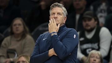 Nov 19, 2025; Minneapolis, Minnesota, USA; Minnesota Timberwolves head coach Chris Finch looks on in the second half against the Washington Wizards at Target Center. Mandatory Credit: Jesse Johnson-Imagn Images