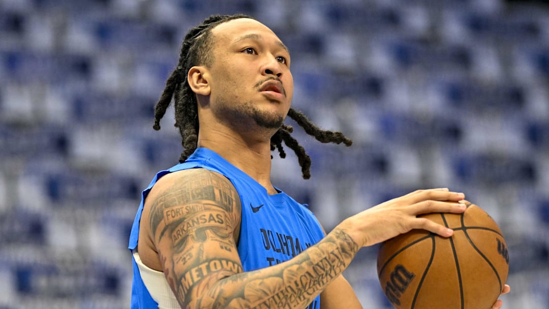 May 13, 2024; Dallas, Texas, USA; Oklahoma City Thunder forward Jaylin Williams (6) warms up before the game between the Dallas Mavericks and the Oklahoma City Thunder in game four of the second round for the 2024 NBA playoffs at American Airlines Center. Mandatory Credit: Jerome Miron-Imagn Images