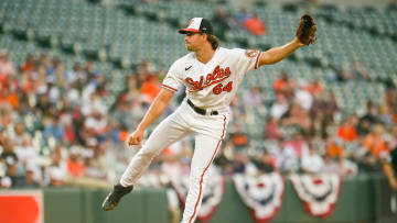 Apr 12, 2023; Baltimore, Maryland, USA;  Baltimore Orioles starting pitcher Dean Kremer (64) throws a pitch against the Oakland Athletics