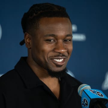 Tennessee Titans new free-agent corner back Chidobe Awuzie fields questions at Ascension Saint Thomas Sports Park in Nashville, Tenn., Thursday, March 14, 2024.