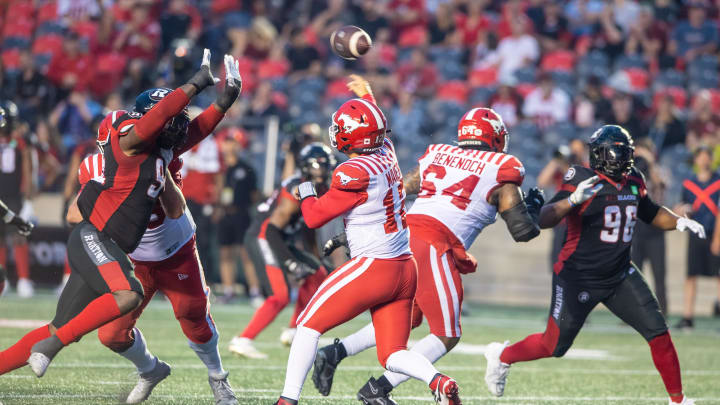 Jun 15, 2023; Ottawa, Ontario, CAN; Quarteback Jake Maier of the Calgary Stampeders (12) throws the ball in the first half against the Ottawa Redblacks at TD Place. Mandatory Credit: Marc DesRosiers-USA TODAY Sports