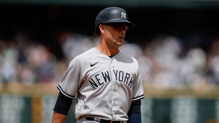 Jul 16, 2023; Denver, Colorado, USA; New York Yankees left fielder Isiah Kiner-Falefa (12) reaches third on a single after a throwing error by the Colorado Rockies allowed two runs to score in the sixth inning at Coors Field. Mandatory Credit: Isaiah J. Downing-USA TODAY Sports