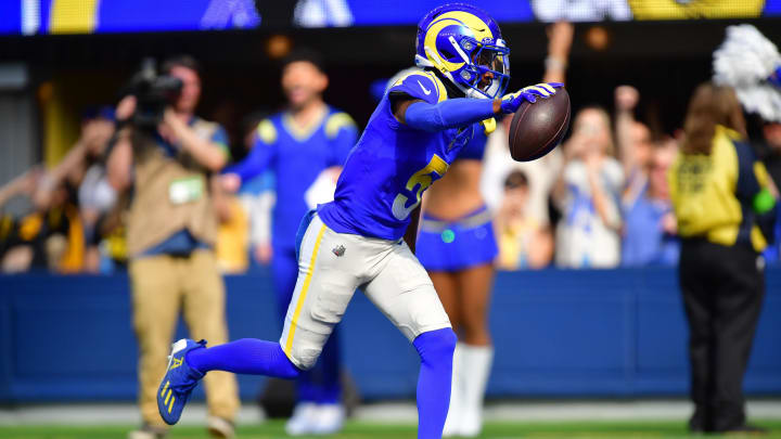 Oct 22, 2023; Inglewood, California, USA; Los Angeles Rams wide receiver Tutu Atwell (5) scores a touchdown against the Pittsburgh Steelers during the first half at SoFi Stadium. Mandatory Credit: Gary A. Vasquez-USA TODAY Sports