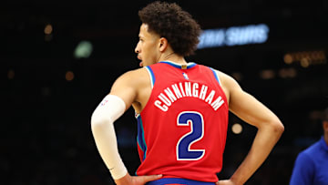 Dec 2, 2021; Phoenix, Arizona, USA; Detailed view of the jersey of Detroit Pistons guard Cade Cunningham (2): Mark J. Rebilas-Imagn Images