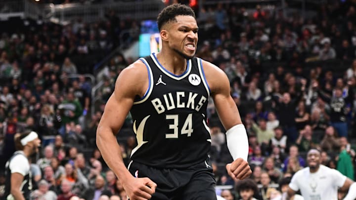 Nov 7, 2025; Milwaukee, Wisconsin, USA; Milwaukee Bucks forward Giannis Antetokounmpo (34) reacts after scoring a basket in the 3rd quarter against the Chicago Bulls at Fiserv Forum. Mandatory Credit: Benny Sieu-Imagn Images