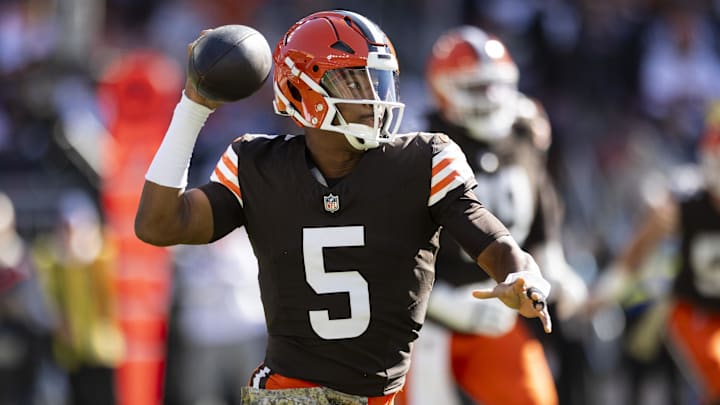 Nov 3, 2024; Cleveland, Ohio, USA; Cleveland Browns quarterback Jameis Winston (5) looks to throw the ball during the first quarter against the Los Angeles Chargers at Huntington Bank Field. Mandatory Credit: Scott Galvin-Imagn Images