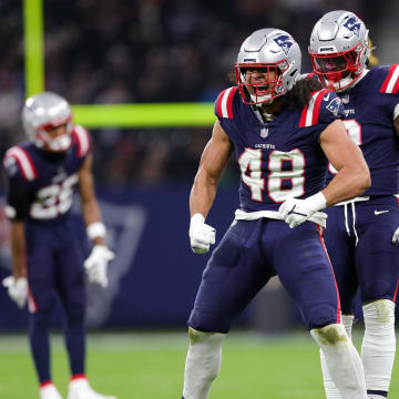 Nov 12, 2023; Frankfurt, Germany;  New England Patriots linebacker Jahlani Tavai (48) reacts after a play against the Indianapolis Colts in the third quarter during an International Series game at Deutsche Bank Park. Mandatory Credit: Nathan Ray Seebeck-USA TODAY Sports