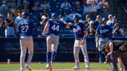 Mar 2, 2024; Phoenix, Arizona, USA; Los Angeles Dodgers infielders Kevin Padlo (44) celebrate with Miguel Vargas (27) and Chris Owens (12) after Padlo hit a home run in the seventh during a spring training game against the Milwaukee Brewers at American Family Fields of Phoenix. Mandatory Credit: Allan Henry-USA TODAY Sports