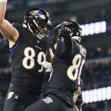 Jan 1, 2023; Baltimore, Maryland, USA; Baltimore Ravens tight end Isaiah Likely (80) celebrates with tight end Mark Andrews (89) after scoring a touchdown against the Pittsburgh Steelers during the first half at M&T Bank Stadium. Mandatory Credit: Jessica Rapfogel-USA TODAY Sports