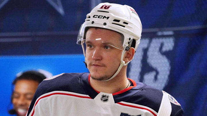 Jan 6, 2026; San Jose, California, USA; Columbus Blue Jackets left winger Dmitri Voronkov (10) prepares to skate onto the ice before the game against the San Jose Sharks at SAP Center at San Jose. Mandatory Credit: David Gonzales-Imagn Images