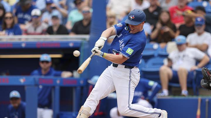 Mar 13, 2026; Dunedin, Florida, USA; Toronto Blue Jays first baseman Sean Keys (89) singles against the Minnesota Twins in the second inning during spring training at TD Ballpark. Mandatory Credit: Nathan Ray Seebeck-Imagn Images