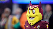 Jan 1, 2025; Atlanta, GA, USA; Arizona State Sun Devils mascot Sparky the Sun Devil before the Peach Bowl at Mercedes-Benz Stadium. Mandatory Credit: Brett Davis-Imagn Images