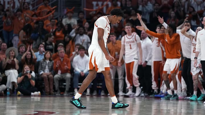 Mar 7, 2026; Austin, Texas, USA; Texas Longhorns guard Dailyn Swain (3) reacts to a basket during the first half against the Oklahoma Sooners at Moody Center. 