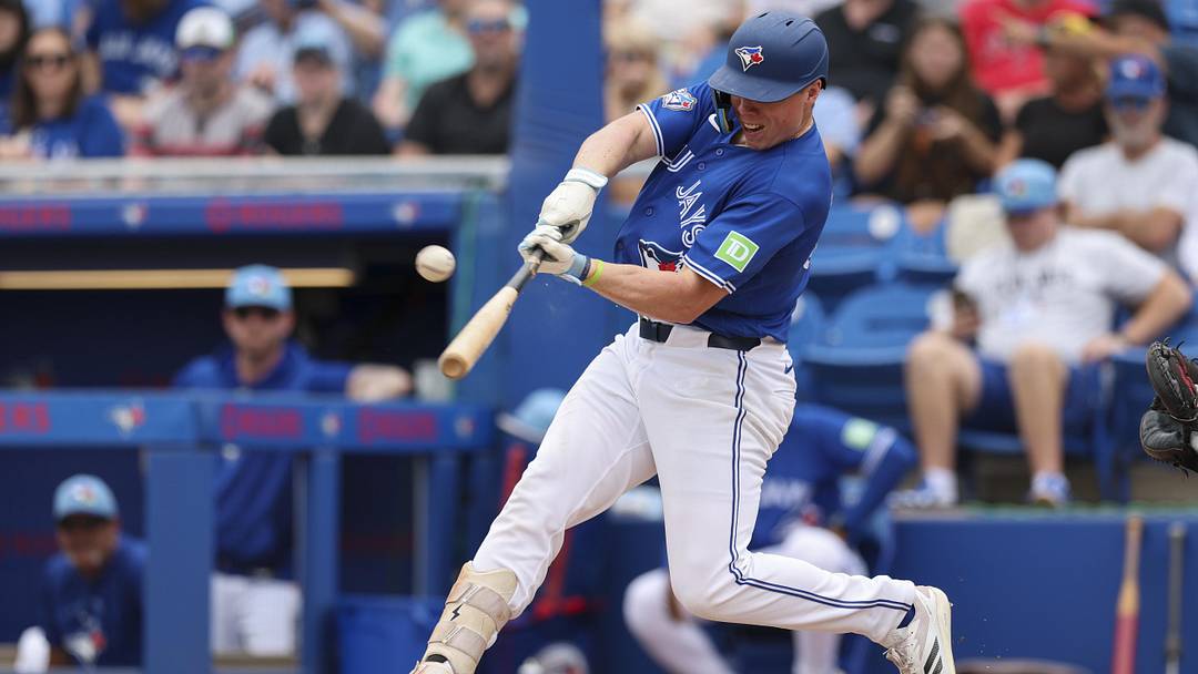 Mar 13, 2026; Dunedin, Florida, USA; Toronto Blue Jays first baseman Sean Keys (89) singles against the Minnesota Twins in the second inning during spring training at TD Ballpark. Mandatory Credit: Nathan Ray Seebeck-Imagn Images