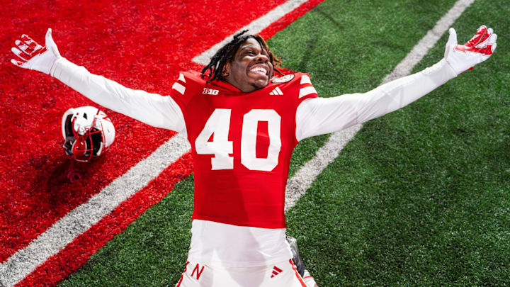 Nov 23, 2024; Lincoln, Nebraska, USA; Nebraska Cornhuskers defensive back Brice Turner (40) celebrates after defeating the Wisconsin Badgers at Memorial Stadium. 