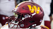Sep 29, 2024; Glendale, Arizona, USA; Detailed view of a Washington Commanders helmet at State Farm Stadium. Mandatory Credit: Mark J. Rebilas-Imagn Images